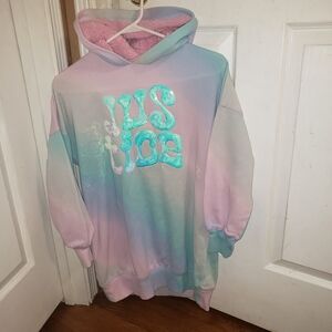 Pastel Tie-Dye Justice Hoodie Dress with Sequin Letters Sz M NWOT